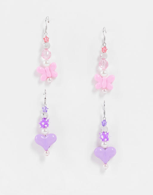 ASOS DESIGN - Confezione da 2 paia di orecchini color argento con perline a forma di cuori e farfalle