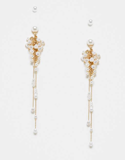 ASOS DESIGN - Confezione da 2 paia di orecchini pendenti e a bottone dorati con perle sintetiche a cascata