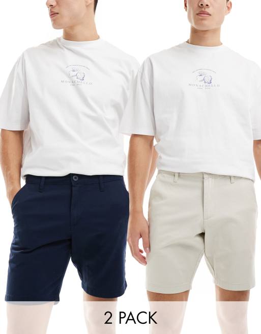 ASOS DESIGN - Confezione da 2 pantaloncini chino elasticizzati slim blu navy e color pietra