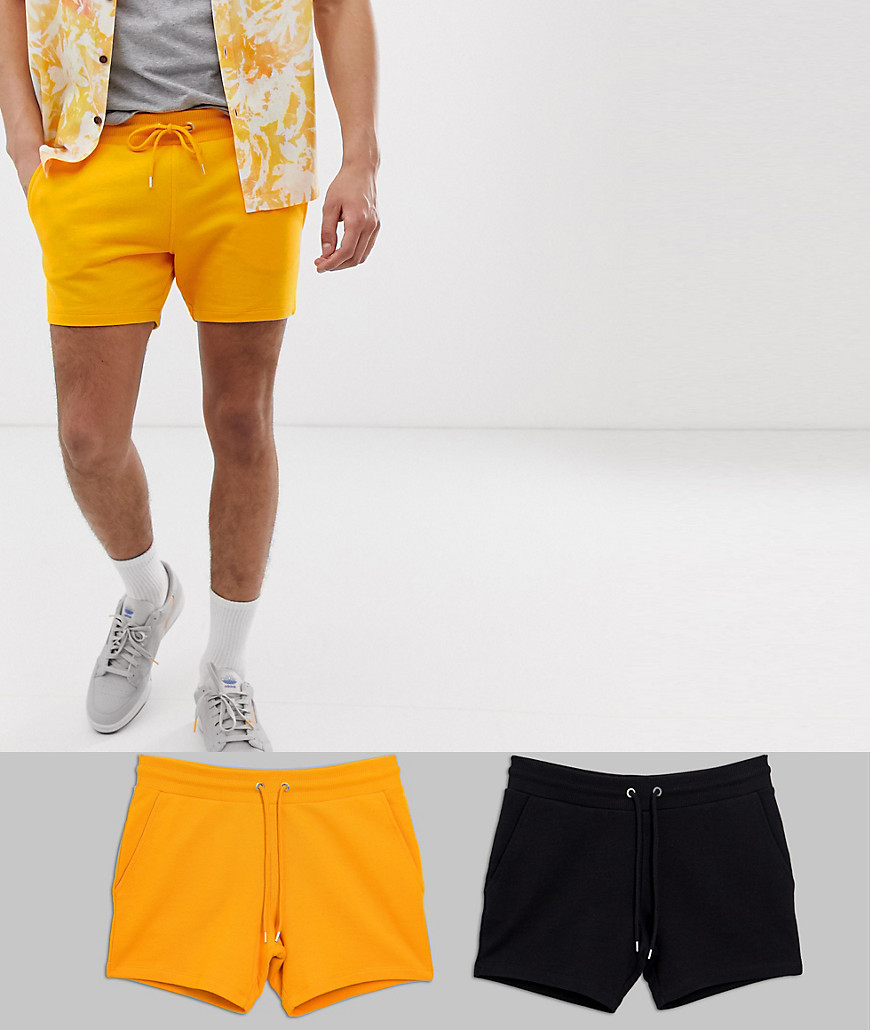 ASOS DESIGN - Confezione da 2 pantaloncini corti skinny in jersey neri/giallo vivace-Multicolore
