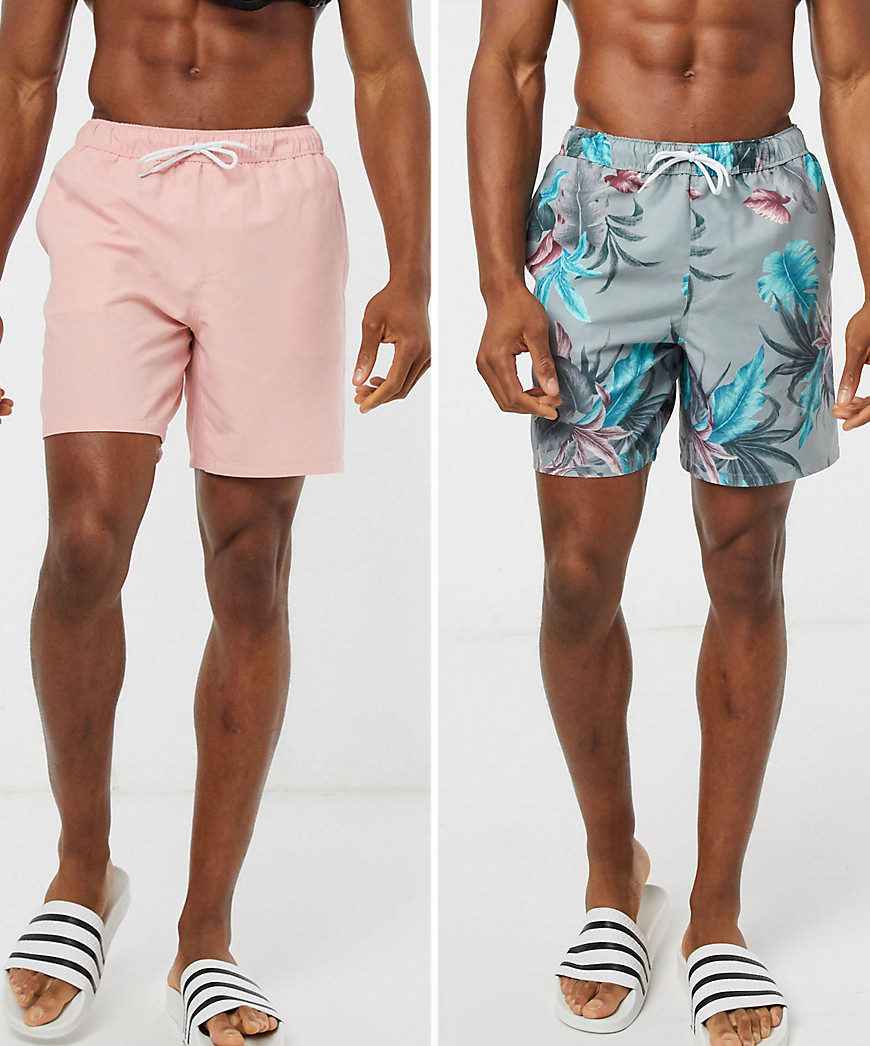 ASOS DESIGN - Confezione da 2 pantaloncini da bagno lunghezza media rosa e a fiori - Risparmia-Multicolore