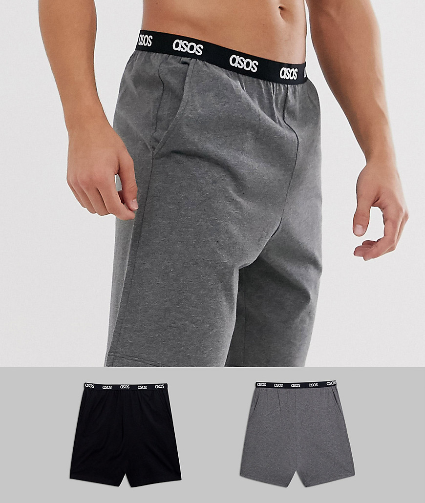 ASOS DESIGN - Confezione da 2 pantaloncini da casa nero e antracite mélange con bordo con logo - Risparmia-Multicolore