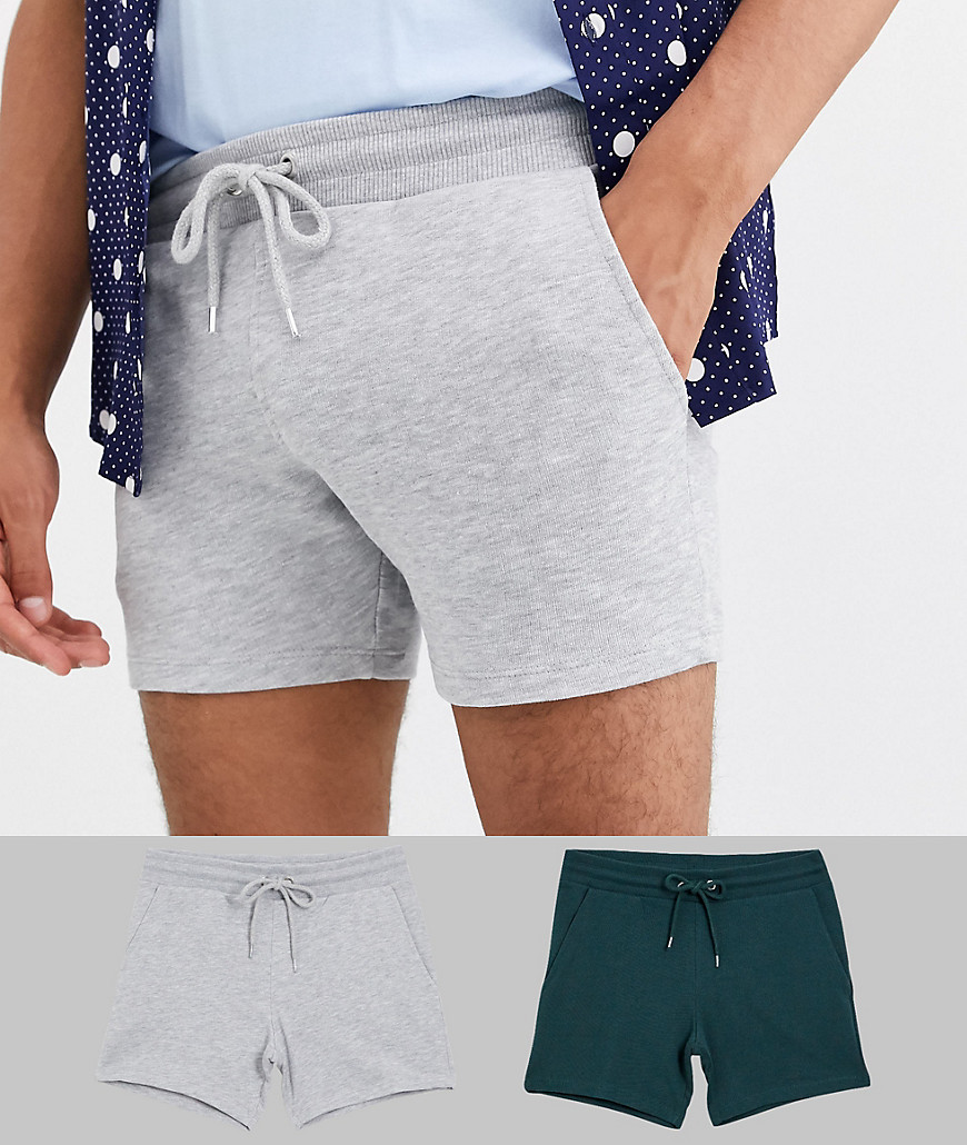 ASOS DESIGN  - Confezione da 2 pantaloncini skinny corti in jersey grigio mélange/verde - Risparmia-Multicolore