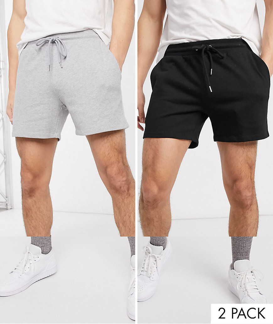ASOS DESIGN - Confezione da 2 pantaloncini slim in jersey corti nero/grigio mélange - Risparmia-Multicolore