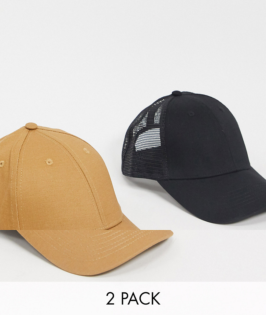 ASOS DESIGN - Confezione da 2 pezzi con cappello trucker nero e cappello con visiera cammello - RISPARMIA