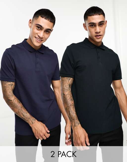 ASOS DESIGN - Confezione da 2 polo in piqué color nero e blu navy