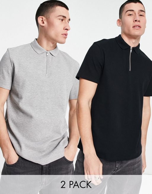 ASOS DESIGN - Confezione da 2 polo lavorate a nido d'ape con zip nera e  grigio mélange