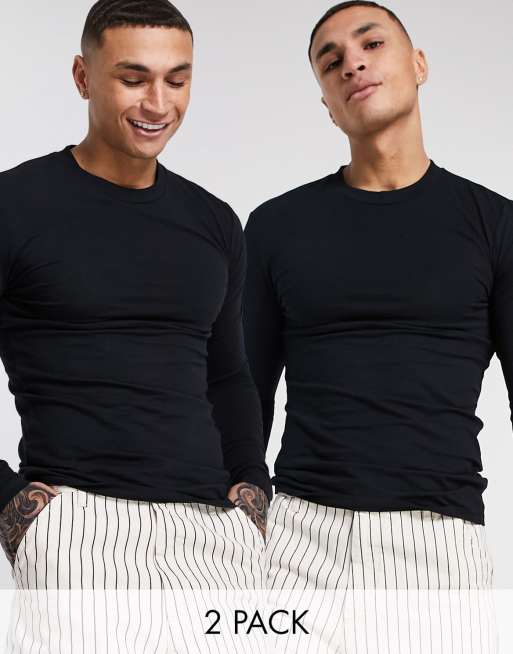 ASOS DESIGN - Confezione da 2 T-shirt a maniche lunghe attillate girocollo nere