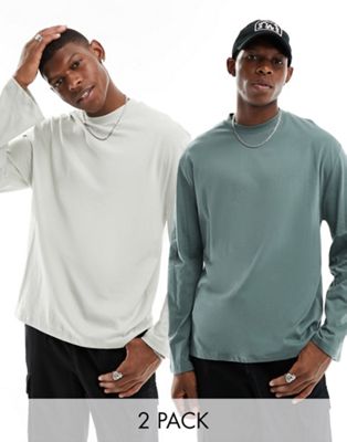 ASOS DESIGN 2 pack long sleeved crew neck t-shirts in green and taupe - ASOS Price Checker