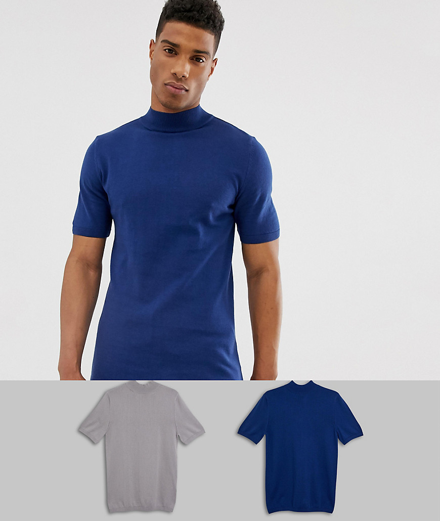 ASOS DESIGN - Confezione da 2 T-shirt dolcevita in cotone testurizzato blu navy/grigio chiaro - Risparmia-Multicolore
