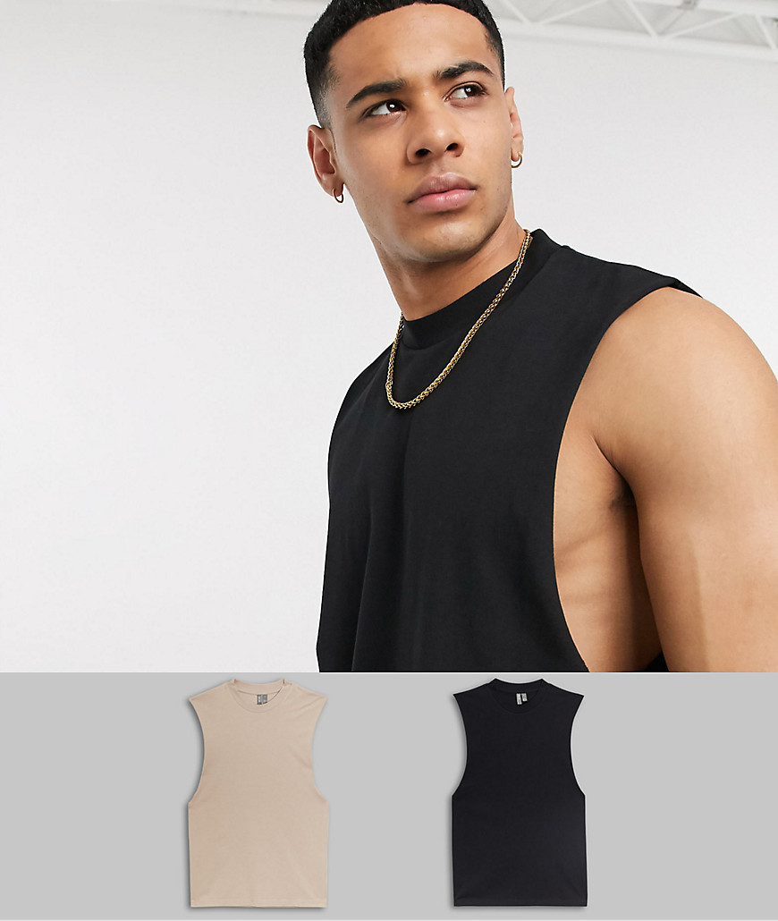 ASOS DESIGN - Confezione da 2 T-shirt organiche senza maniche con giromanica ampio - Risparmia-Multicolore
