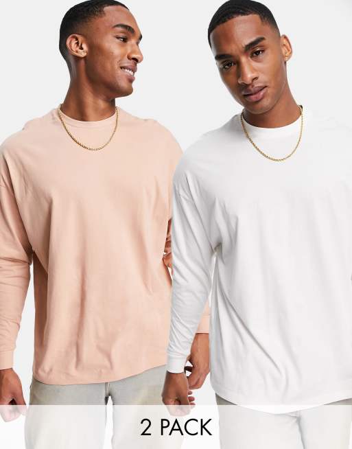 ASOS DESIGN - Confezione da 2 T-shirt oversize a maniche lunghe color cuoio e bianca