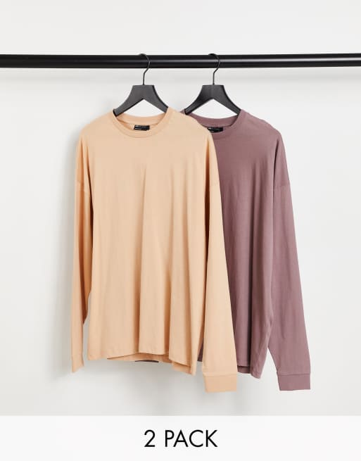 ASOS DESIGN - Confezione da 2 T-shirt oversize a maniche lunghe color cuoio e marrone slavato