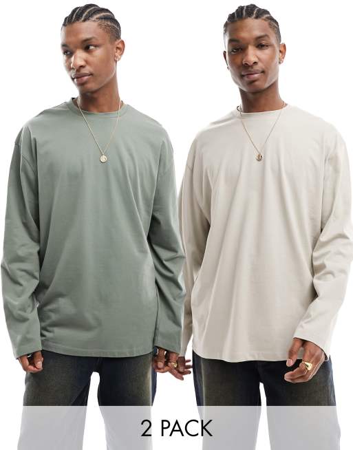 ASOS DESIGN - Confezione da 2 T-shirt oversize a maniche lunghe kaki e color talpa