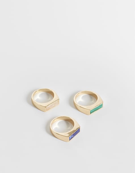 ASOS DESIGN - Confezione da 3 anelli a sigillo sottili rettangolari tonalità oro con pietre semipreziose - view 1