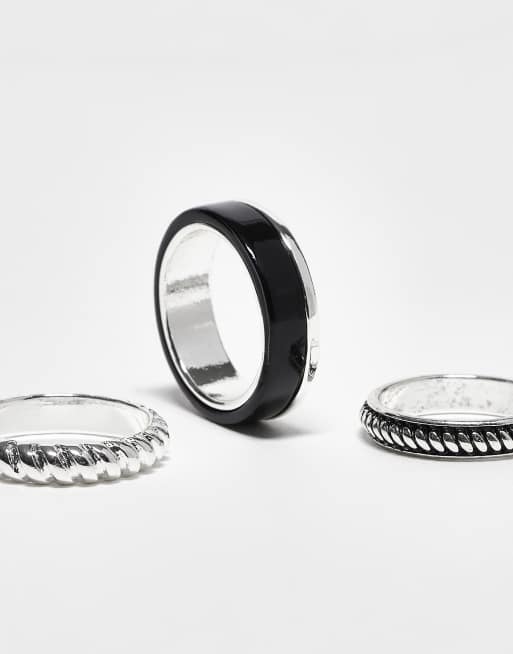 ASOS DESIGN - Confezione da 3 anelli argentati zigrinati con smalto nero  , 3 di 3