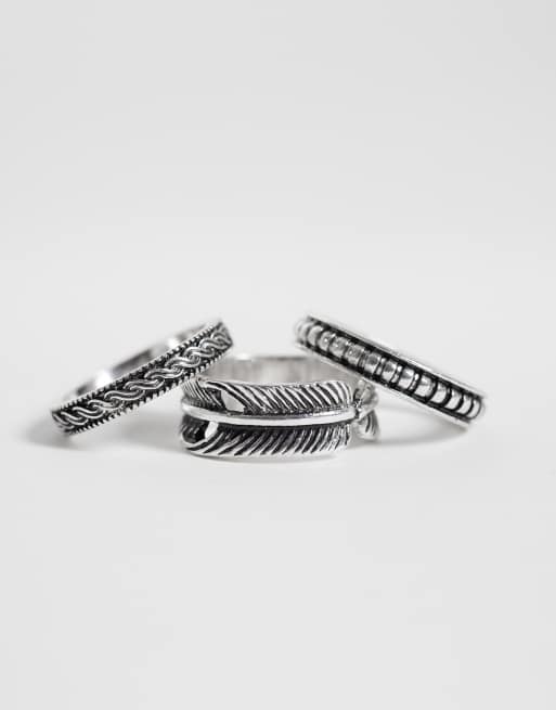 ASOS DESIGN confezione da 3 anelli con dettaglio inciso e piuma in argento, 1 di 3