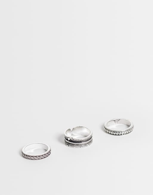 ASOS DESIGN confezione da 3 anelli con dettaglio inciso e piuma in argento, 3 di 3