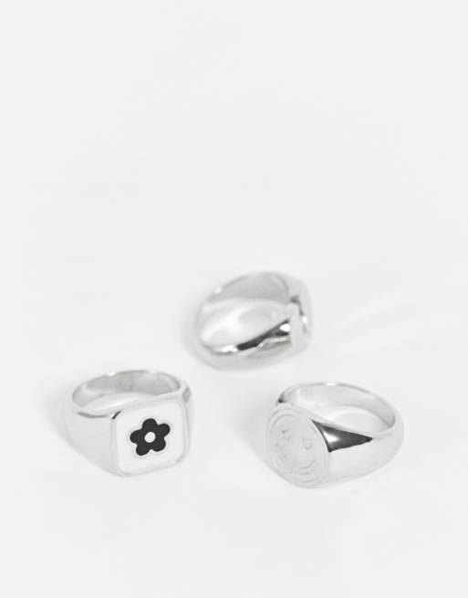 ASOS DESIGN - Confezione da 3 anelli con sigillo color argento con cuore e fiore