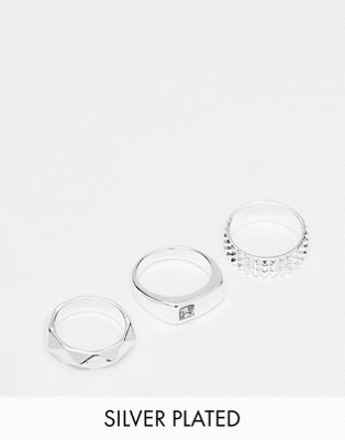 ASOS DESIGN 3 pack ring set with crystals in silver plate - ASOS Price Checker