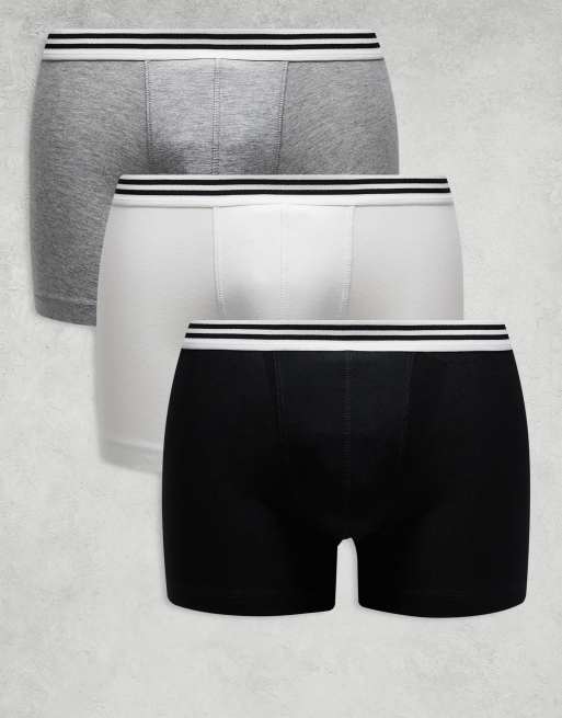 ASOS DESIGN - Confezione da 3 boxer aderenti neri, bianchi e grigi con fascia in vita a righe
