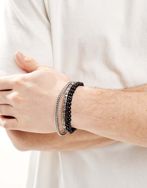 ASOS DESIGN - Confezione da 3 bracciali con catenina e perline neri e in tonalità argento