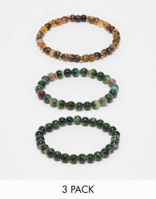 ASOS DESIGN - Confezione da 3 bracciali con perline color oro e verdi con pietre semipreziose miste