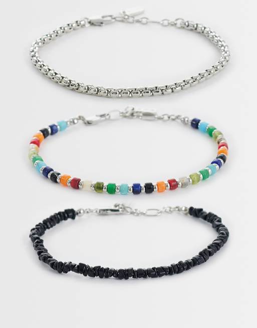 ASOS DESIGN - Confezione da 3 bracciali con perline e catenina multicolore