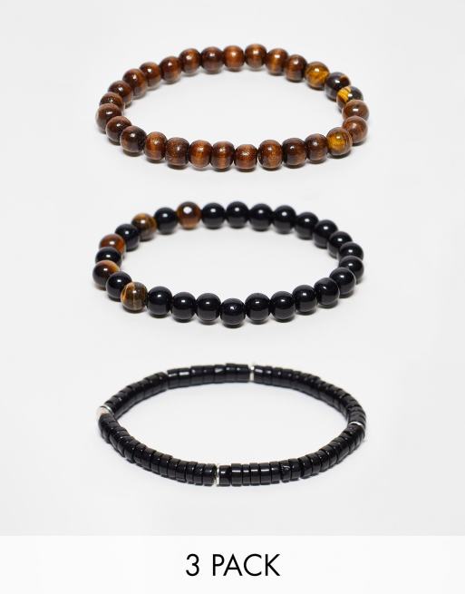 ASOS DESIGN - Confezione da 3 bracciali da festival con perline nere e pietre occhio di tigre semipreziose  