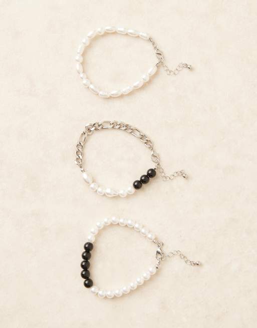 ASOS DESIGN - Confezione da 3 bracciali da festival misti con catenina e perline color argento, 3 di 3