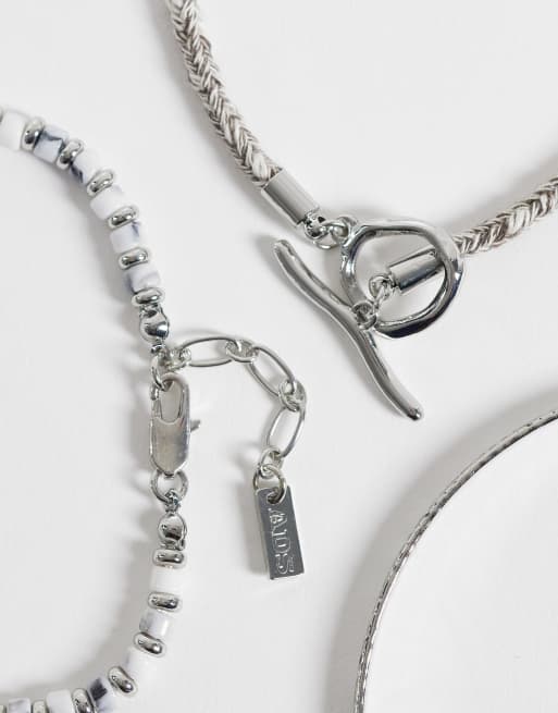 ASOS DESIGN - Confezione da 3 bracciali rigido e con perline tonalità argento, 3 di 3