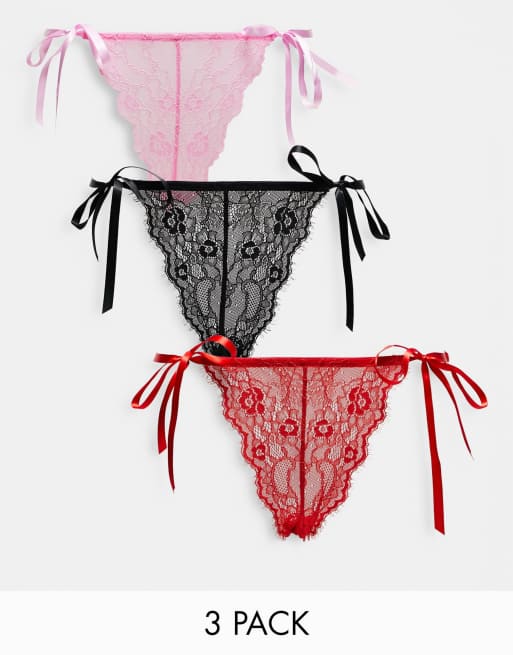 ASOS DESIGN - Confezione da 3 brasiliane con allacciatura laterale in pizzo nero, rosa bubblegum e rosso papavero