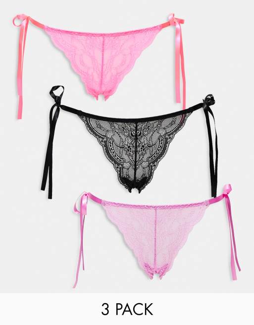 ASOS DESIGN - Confezione da 3 brasiliane con allacciatura laterale in pizzo nero, rosa e viola