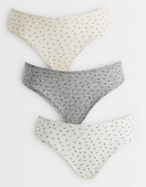 ASOS DESIGN - Confezione da 3 brasiliane traforate color crema e grigie a fiorellini