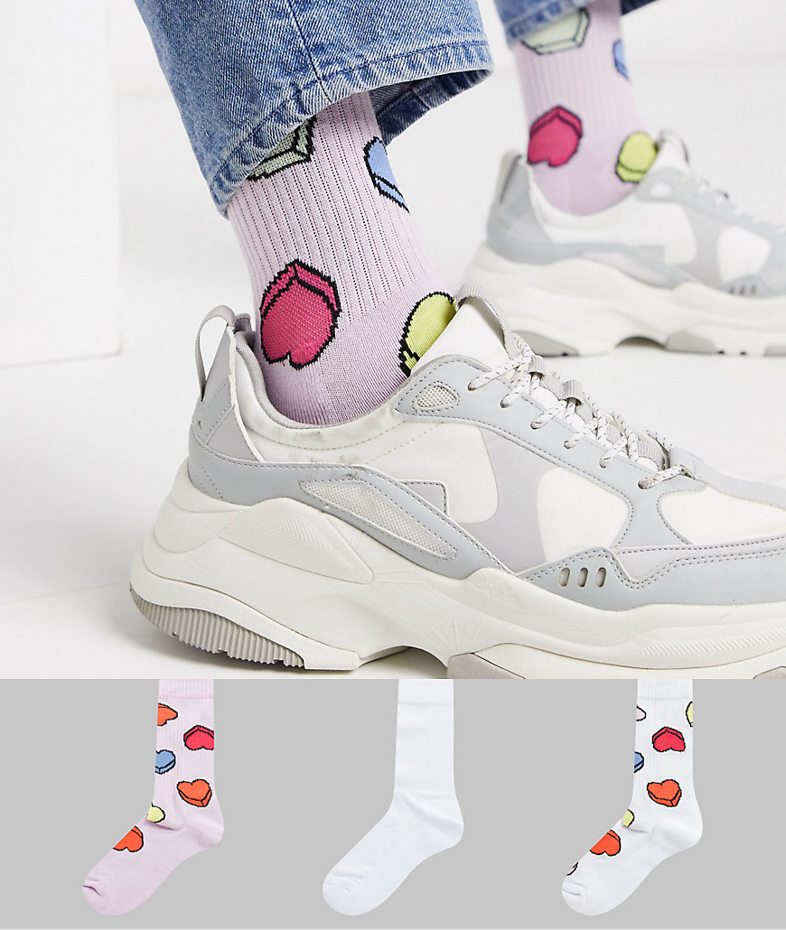 ASOS DESIGN - Confezione da 3 calzini per San Valentino rosa con stampa a cuori-Multicolore