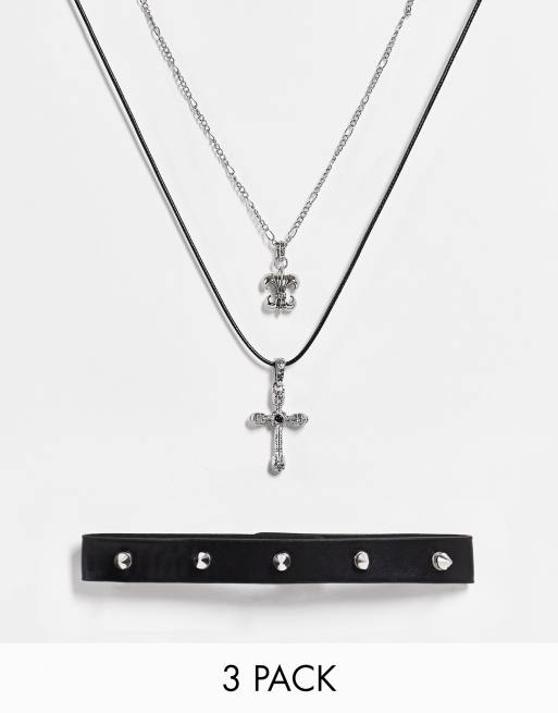 ASOS DESIGN - Confezione da 3 catenine color argento brunito con croce e collarino con punte 