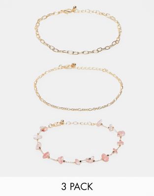 ASOS DESIGN - Confezione da 3 cavigliere color oro con pietre semipreziose