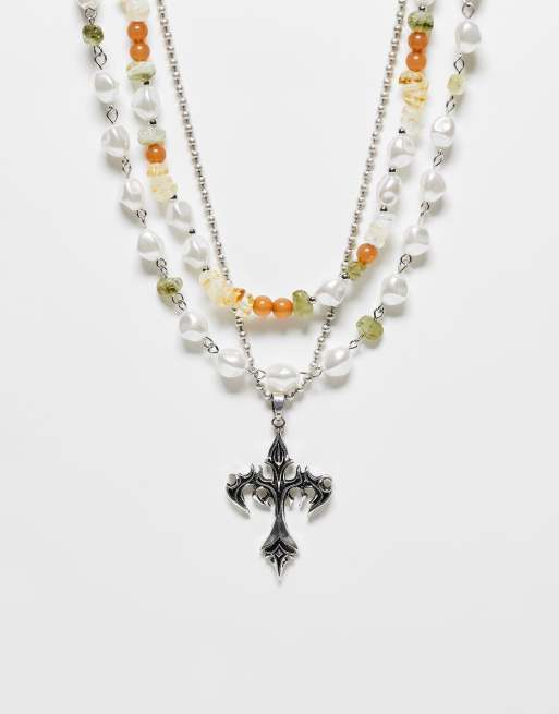 ASOS DESIGN - Confezione da 3 collane argentate con perline, perle sintetiche e pendente a croce 