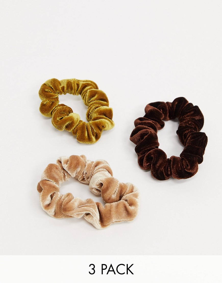 ASOS DESIGN - Confezione da 3 elastici per capelli in velluto nelle tonalità dell marrone-Multicolore