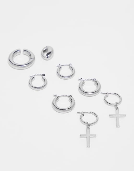 ASOS DESIGN - Confezione da 3 orecchini a cerchio e 2 orecchini ear cuff color argento