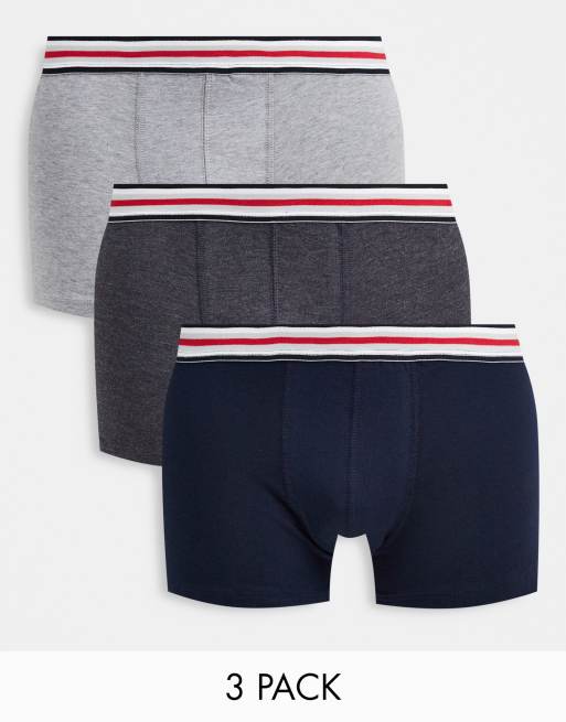 ASOS DESIGN - Confezione da 3 paia di boxer aderenti in misto cotone con fascia in vita a righe grigi/ blu navy - MULTI