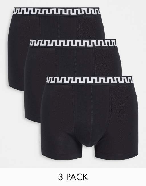 ASOS DESIGN - Confezione da 3 paia di boxer aderenti neri con elastico in vita con motivo greco monocromatico