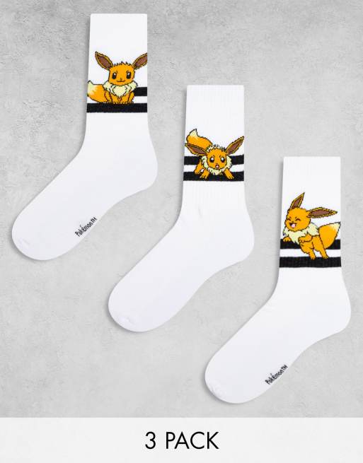 ASOS DESIGN - Confezione da 3 paia di calze bianche con stampa di Eevee dei Pokémon