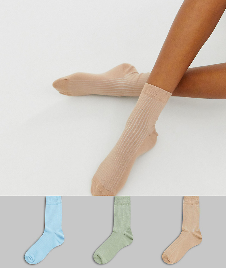 ASOS DESIGN - Confezione da 3 paia di calzini a coste in pastello slavato-Multicolore