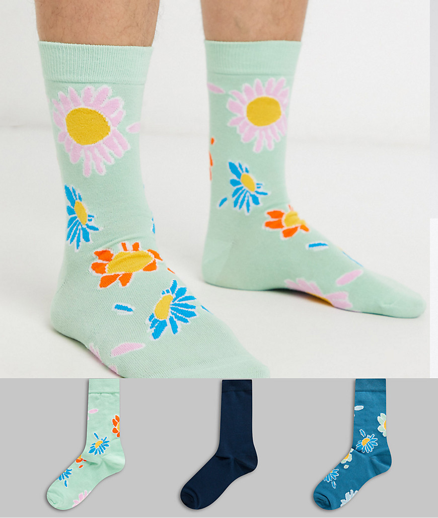 ASOS DESIGN - Confezione da 3 paia di calzini a fiori-Blu