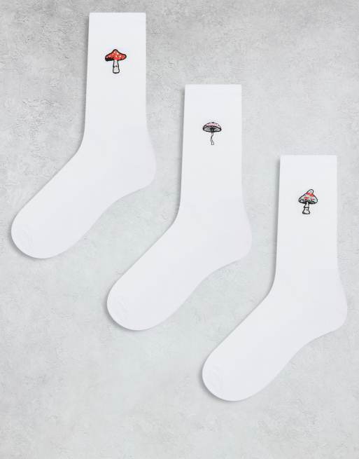 ASOS DESIGN - Confezione da 3 paia di calzini alla caviglia bianchi con ricami di funghi