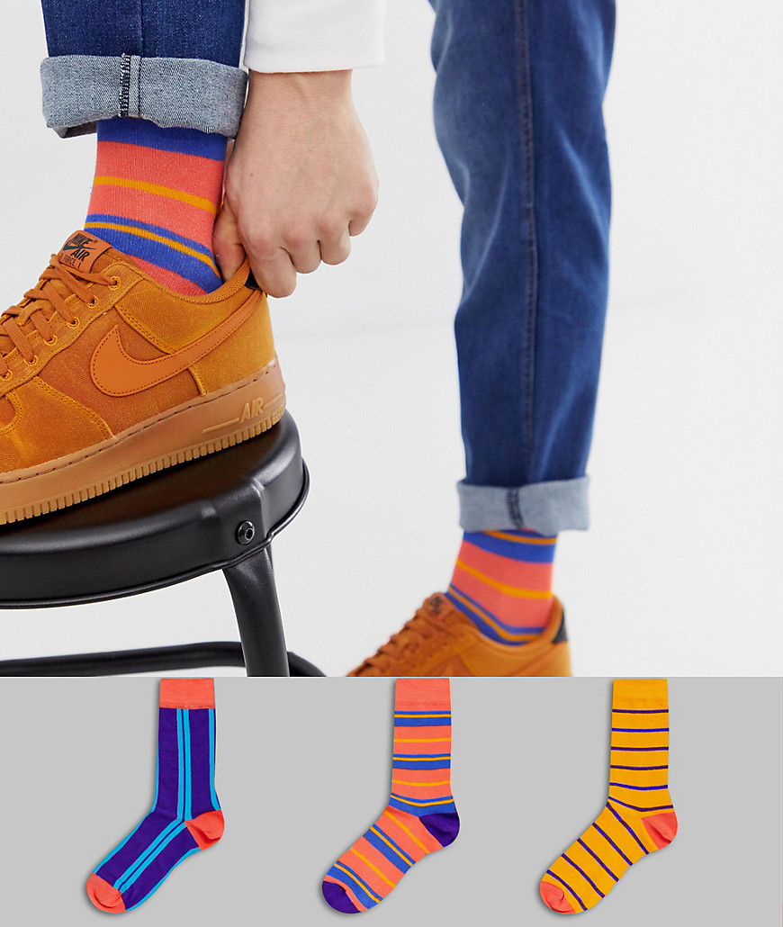 ASOS DESIGN - Confezione da 3 paia di calzini alla caviglia blu e arancione a righe - Risparmia-Multicolore