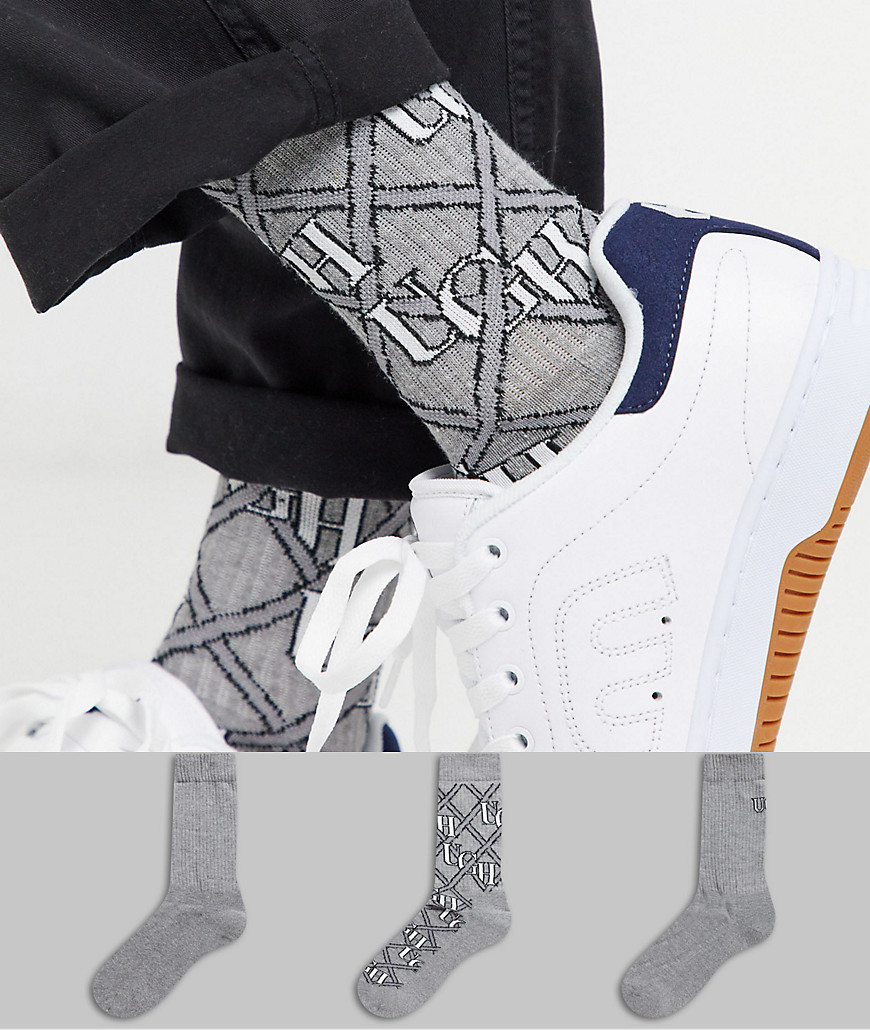 ASOS DESIGN - Confezione da 3 paia di calzini sportivi con scritta e catena-Grigio