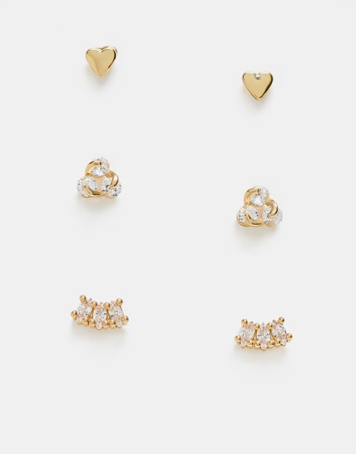 ASOS DESIGN - Confezione da 3 paia di orecchini a bottone placcati oro 14 k con zirconia cubica inclusi in confezione regalo