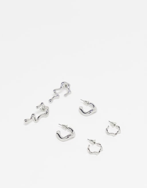 ASOS DESIGN - Confezione da 3 paia di orecchini a cerchio argento con design colato